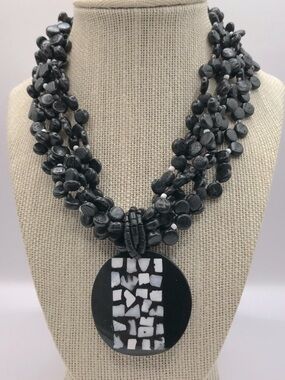 Chico's Black Multi-Strand Beaded Necklace with Mosaic Pendant
